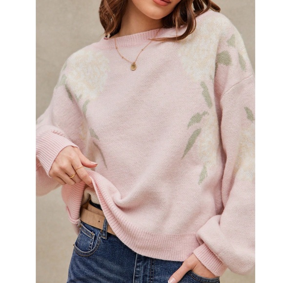 Roses Print Pink Knit Round Neck Long Sleeve Pullover Sweater Stretchy - Picture 3 of 7